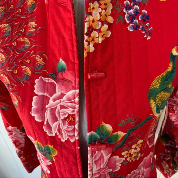 VTG Floral Peacock Mandarin Collar Jacket M 18”PTP Red Boho Chic Retro Artsy - Picture 4 of 16